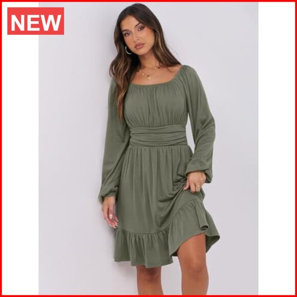 Long Lantern Sleeve Square Neck Elastic Waist Ruffle Flowy Swing A-Line Dress - Picture 4 of 7